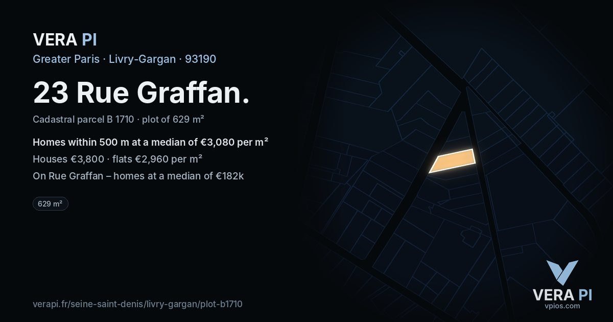 23 Rue Graffan, Livry-Gargan at night – the plot lit, the parcels around coloured by the prices near them