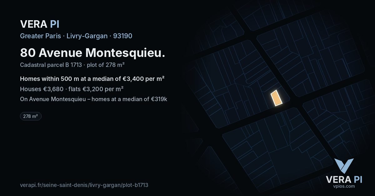 80 Avenue Montesquieu, Livry-Gargan at night – the plot lit, the parcels around coloured by the prices near them