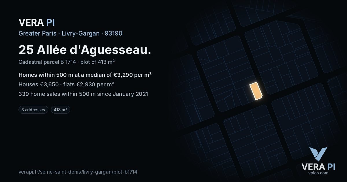 25 Allée d'Aguesseau, Livry-Gargan at night – the plot lit, the parcels around coloured by the prices near them
