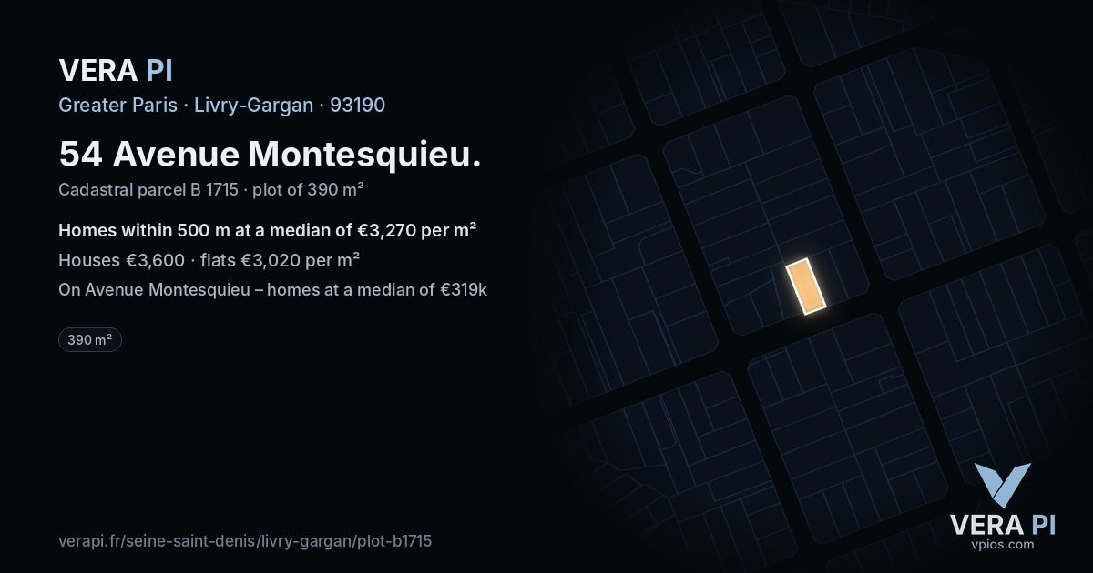 54 Avenue Montesquieu, Livry-Gargan at night – the plot lit, the parcels around coloured by the prices near them