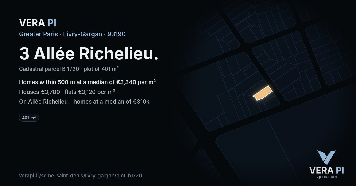 3 Allée Richelieu, Livry-Gargan at night – the plot lit, the parcels around coloured by the prices near them