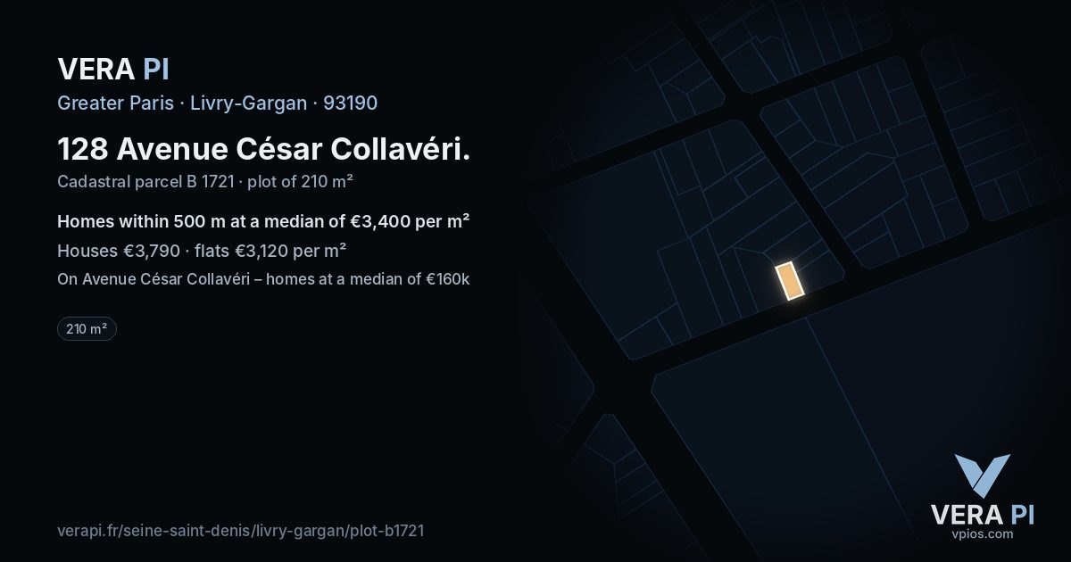 128 Avenue César Collavéri, Livry-Gargan at night – the plot lit, the parcels around coloured by the prices near them