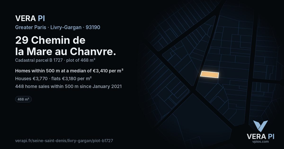 29 Chemin de la Mare au Chanvre, Livry-Gargan at night – the plot lit, the parcels around coloured by the prices near them
