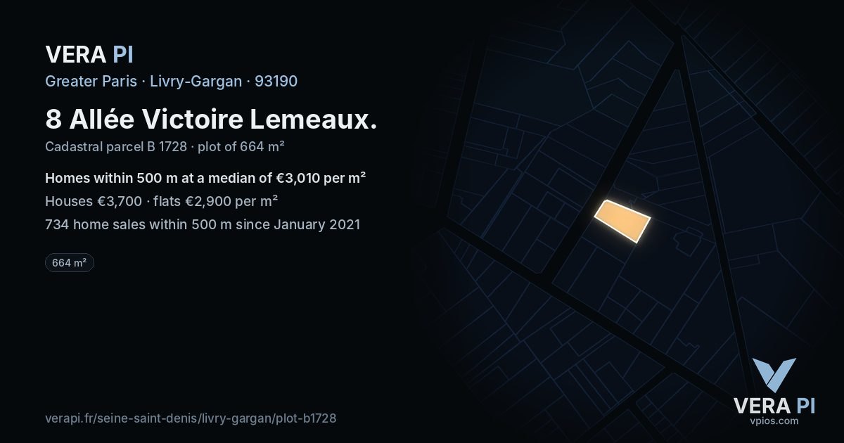 8 Allée Victoire Lemeaux, Livry-Gargan at night – the plot lit, the parcels around coloured by the prices near them