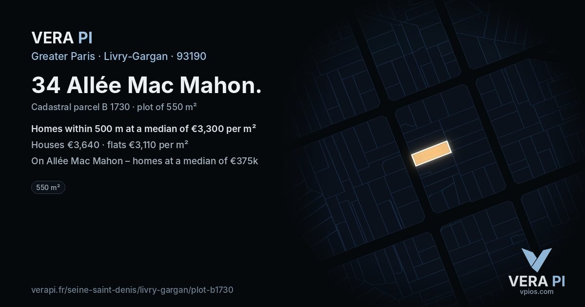 34 Allée Mac Mahon, Livry-Gargan at night – the plot lit, the parcels around coloured by the prices near them