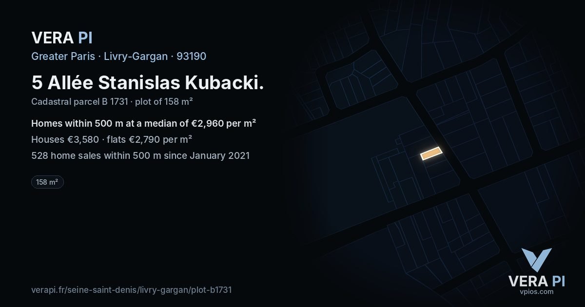 5 Allée Stanislas Kubacki, Livry-Gargan at night – the plot lit, the parcels around coloured by the prices near them