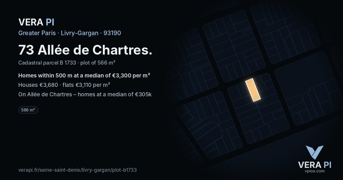 73 Allée de Chartres, Livry-Gargan at night – the plot lit, the parcels around coloured by the prices near them