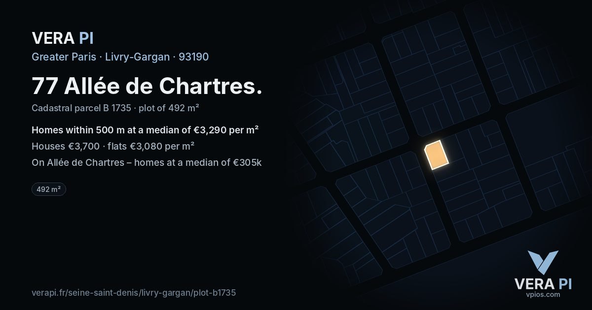 77 Allée de Chartres, Livry-Gargan at night – the plot lit, the parcels around coloured by the prices near them