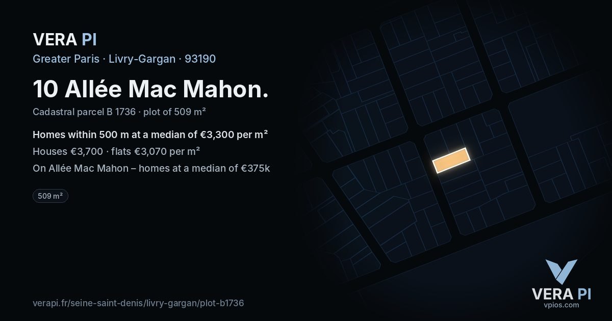 10 Allée Mac Mahon, Livry-Gargan at night – the plot lit, the parcels around coloured by the prices near them