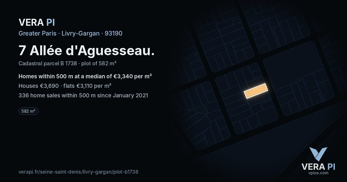 7 Allée d'Aguesseau, Livry-Gargan at night – the plot lit, the parcels around coloured by the prices near them