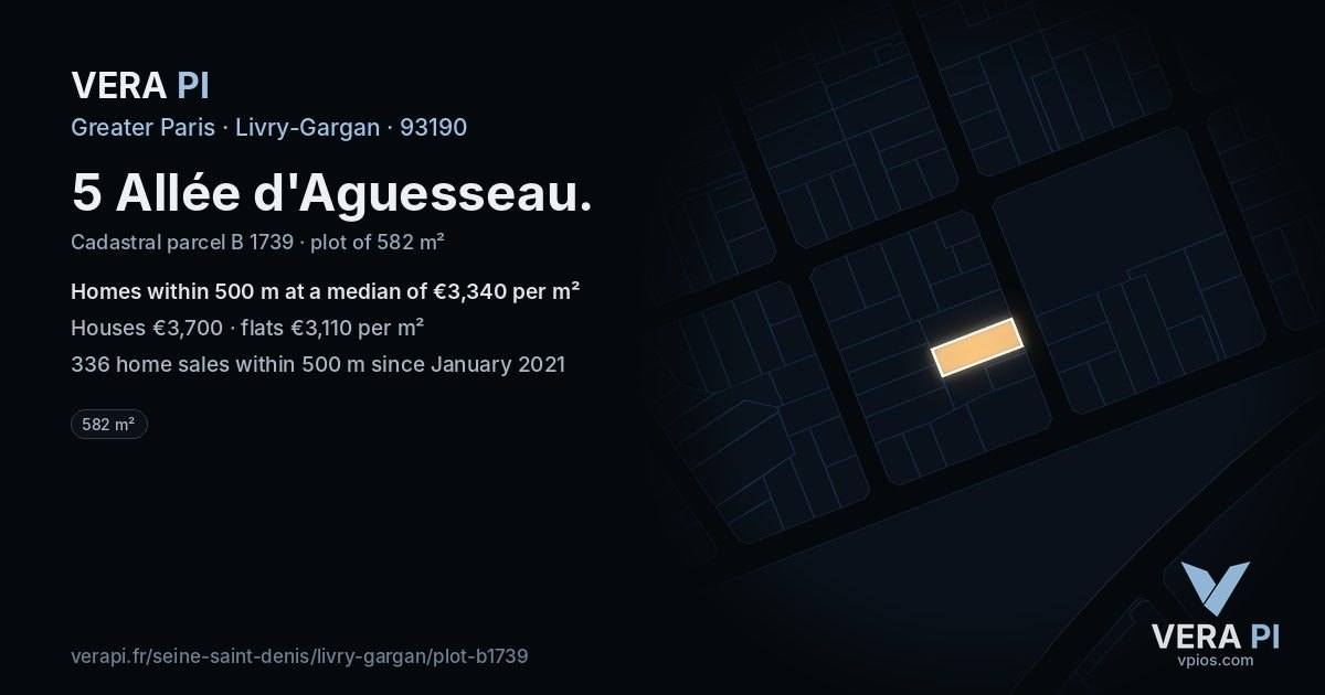 5 Allée d'Aguesseau, Livry-Gargan at night – the plot lit, the parcels around coloured by the prices near them