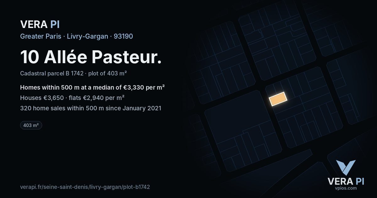 10 Allée Pasteur, Livry-Gargan at night – the plot lit, the parcels around coloured by the prices near them