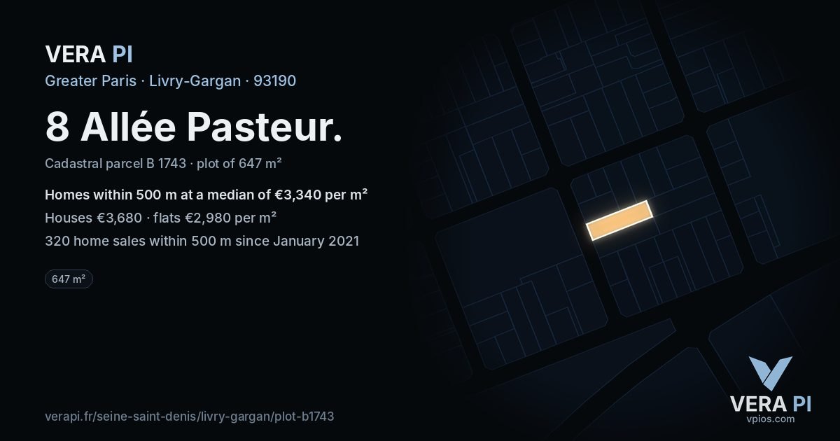 8 Allée Pasteur, Livry-Gargan at night – the plot lit, the parcels around coloured by the prices near them