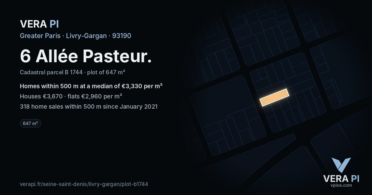 6 Allée Pasteur, Livry-Gargan at night – the plot lit, the parcels around coloured by the prices near them