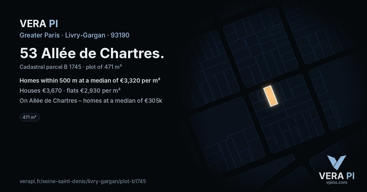 53 Allée de Chartres, Livry-Gargan at night – the plot lit, the parcels around coloured by the prices near them