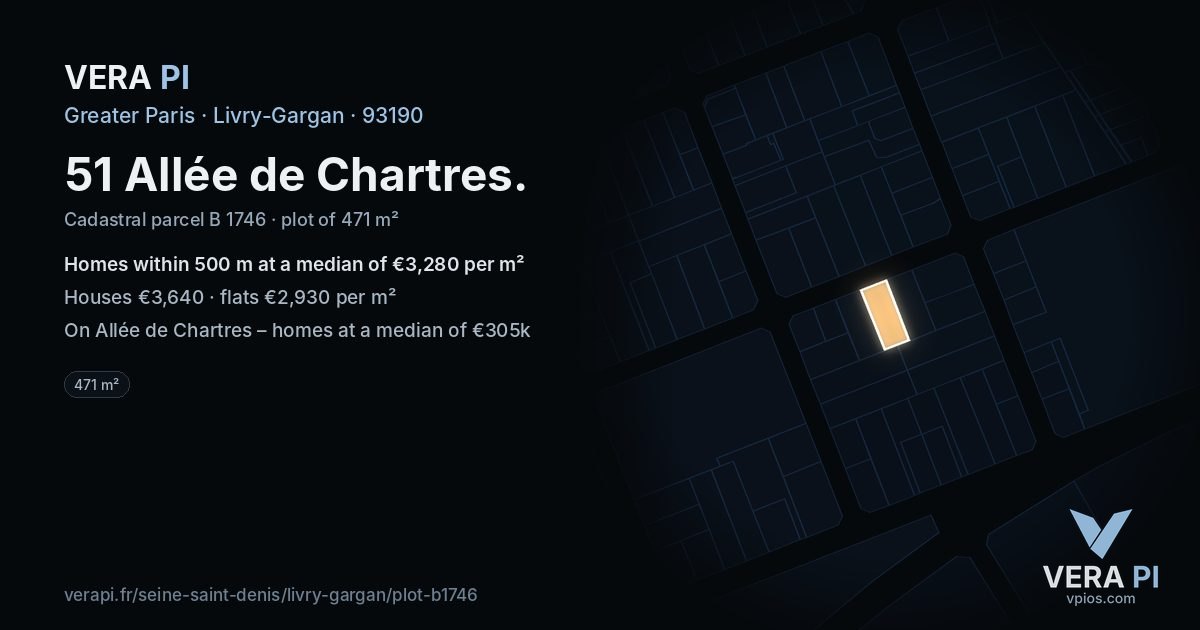 51 Allée de Chartres, Livry-Gargan at night – the plot lit, the parcels around coloured by the prices near them