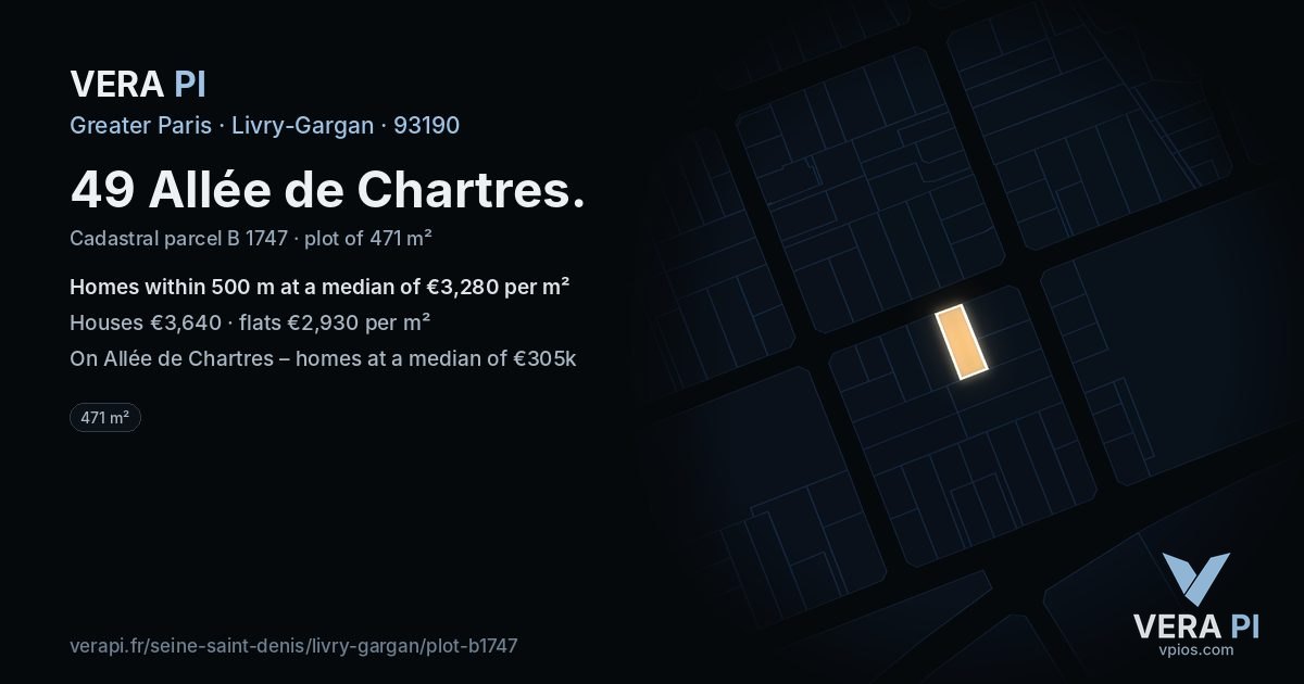 49 Allée de Chartres, Livry-Gargan at night – the plot lit, the parcels around coloured by the prices near them