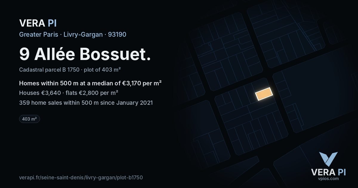 9 Allée Bossuet, Livry-Gargan at night – the plot lit, the parcels around coloured by the prices near them