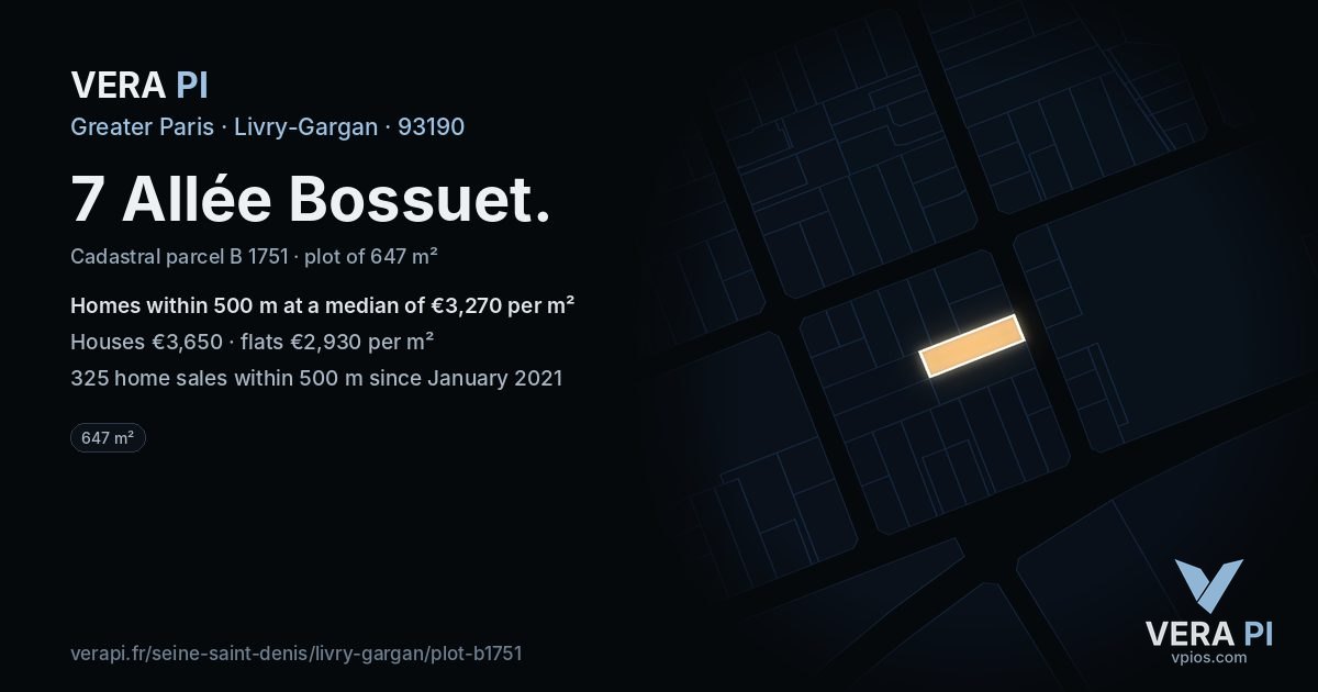 7 Allée Bossuet, Livry-Gargan at night – the plot lit, the parcels around coloured by the prices near them