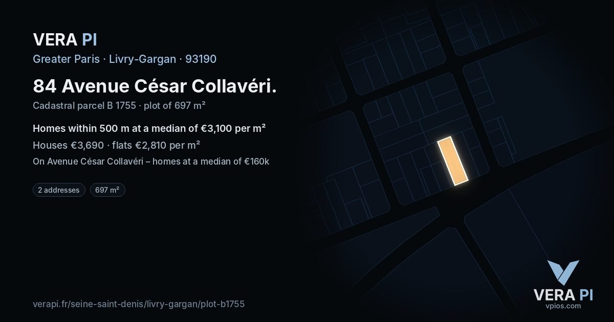 84 Avenue César Collavéri, Livry-Gargan at night – the plot lit, the parcels around coloured by the prices near them