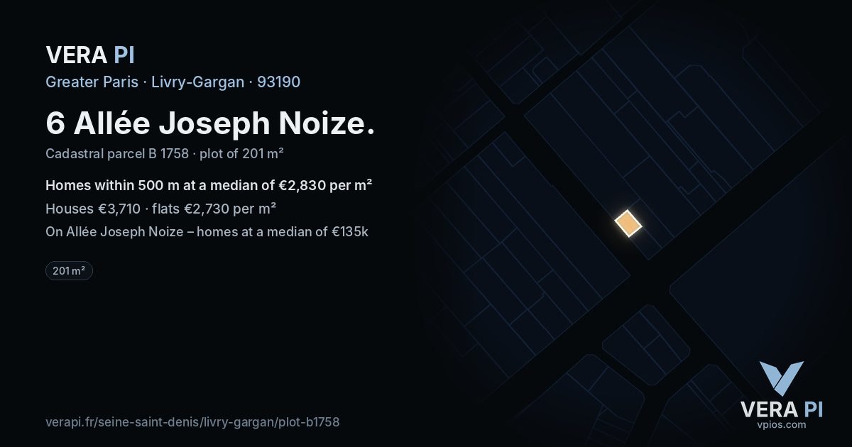 6 Allée Joseph Noize, Livry-Gargan at night – the plot lit, the parcels around coloured by the prices near them