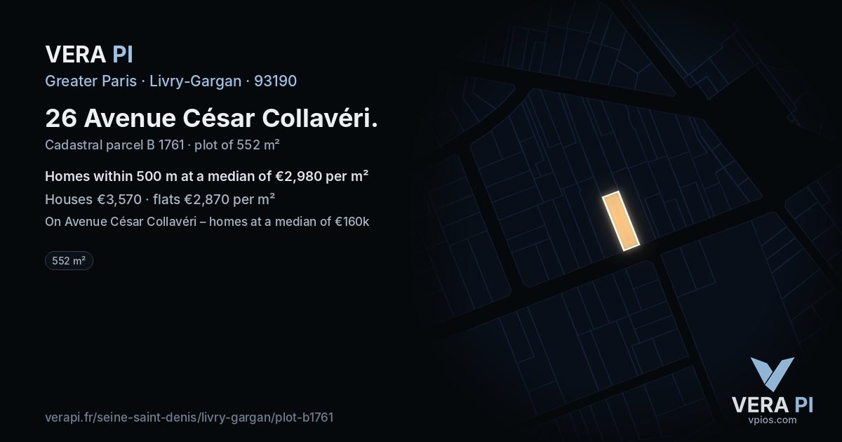 26 Avenue César Collavéri, Livry-Gargan at night – the plot lit, the parcels around coloured by the prices near them
