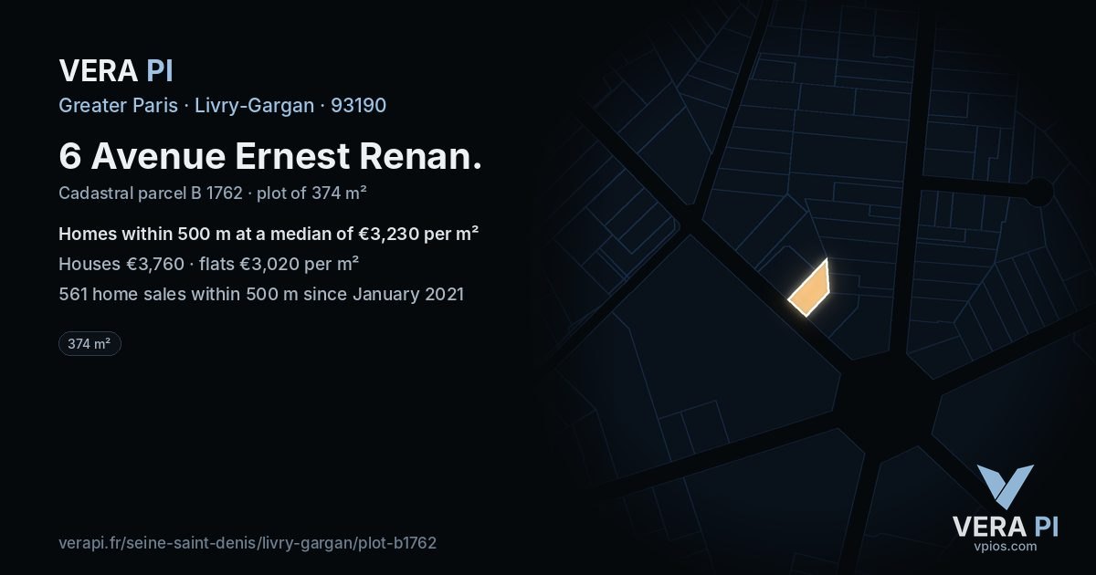 6 Avenue Ernest Renan, Livry-Gargan at night – the plot lit, the parcels around coloured by the prices near them