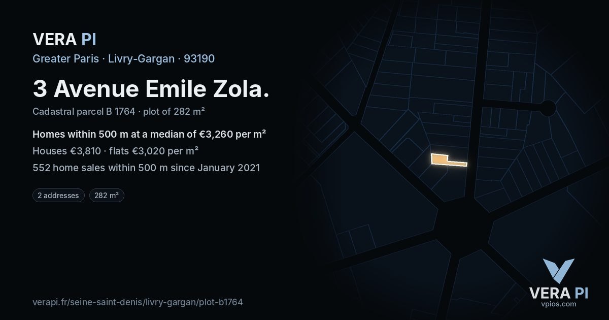3 Avenue Emile Zola, Livry-Gargan at night – the plot lit, the parcels around coloured by the prices near them
