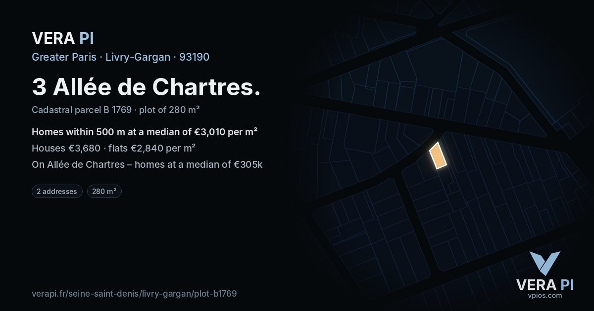 3 Allée de Chartres, Livry-Gargan at night – the plot lit, the parcels around coloured by the prices near them