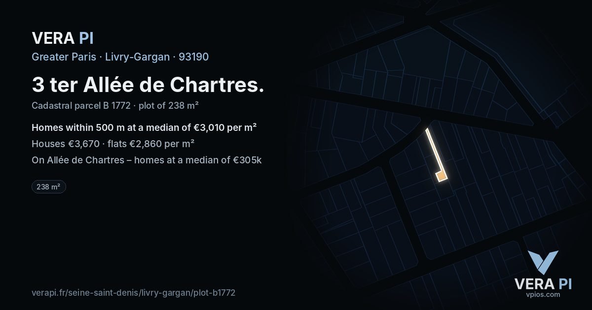 3 ter Allée de Chartres, Livry-Gargan at night – the plot lit, the parcels around coloured by the prices near them