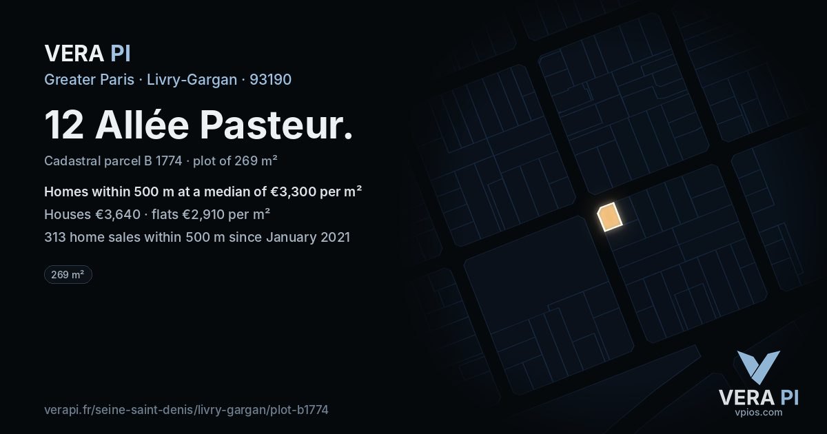 12 Allée Pasteur, Livry-Gargan at night – the plot lit, the parcels around coloured by the prices near them