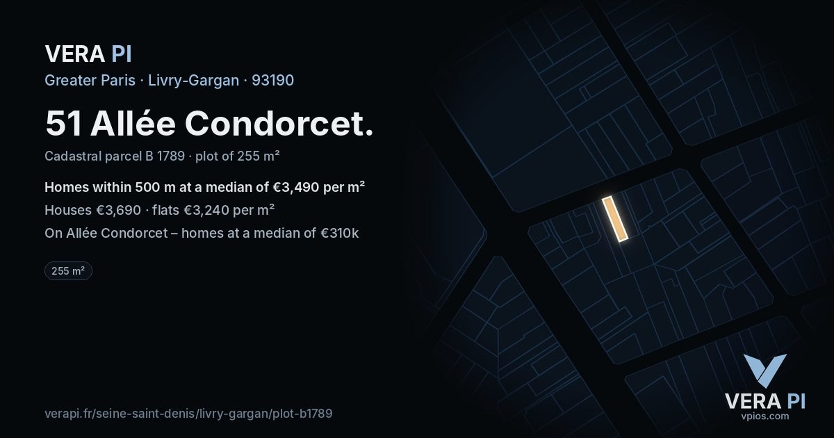 51 Allée Condorcet, Livry-Gargan at night – the plot lit, the parcels around coloured by the prices near them