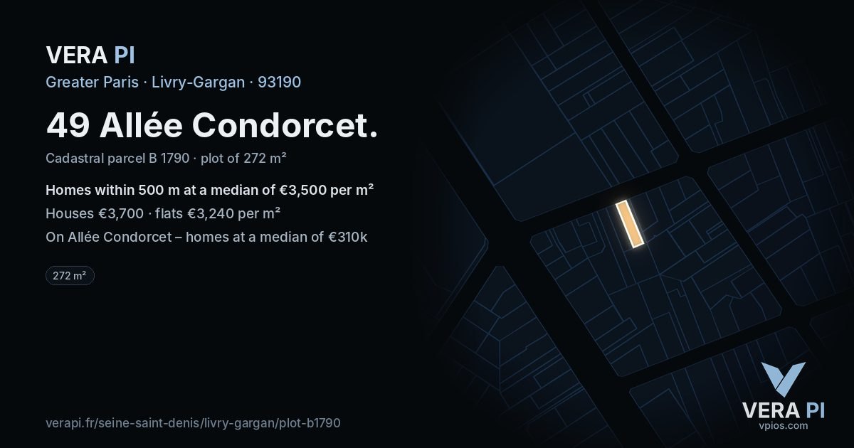 49 Allée Condorcet, Livry-Gargan at night – the plot lit, the parcels around coloured by the prices near them