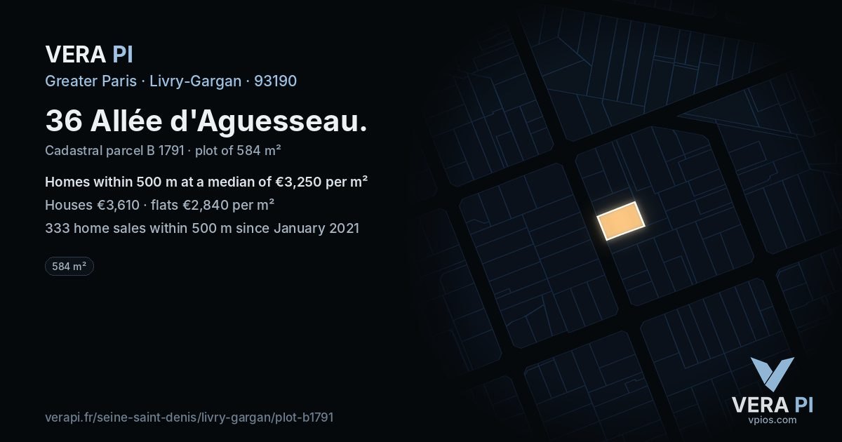 36 Allée d'Aguesseau, Livry-Gargan at night – the plot lit, the parcels around coloured by the prices near them