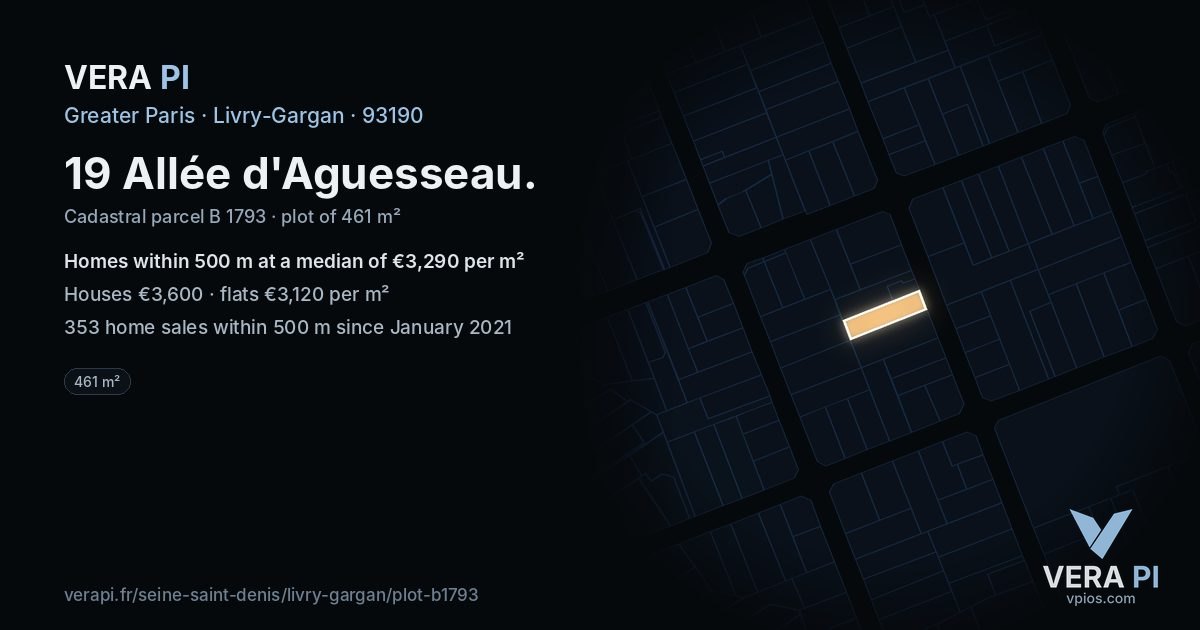 19 Allée d'Aguesseau, Livry-Gargan at night – the plot lit, the parcels around coloured by the prices near them