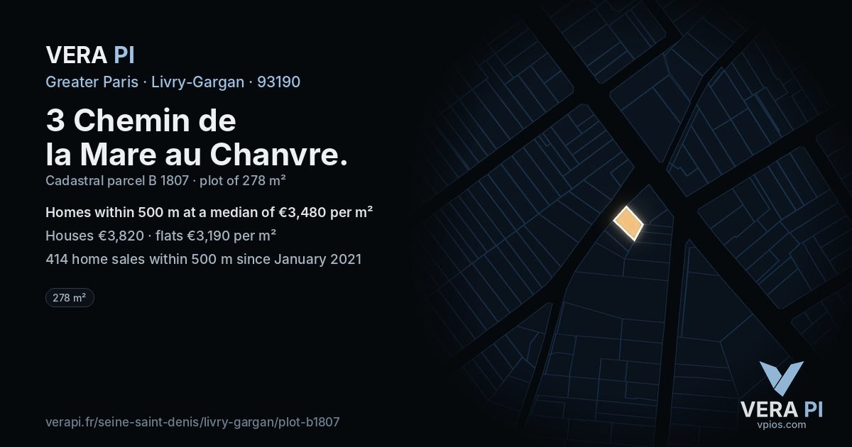 3 Chemin de la Mare au Chanvre, Livry-Gargan at night – the plot lit, the parcels around coloured by the prices near them