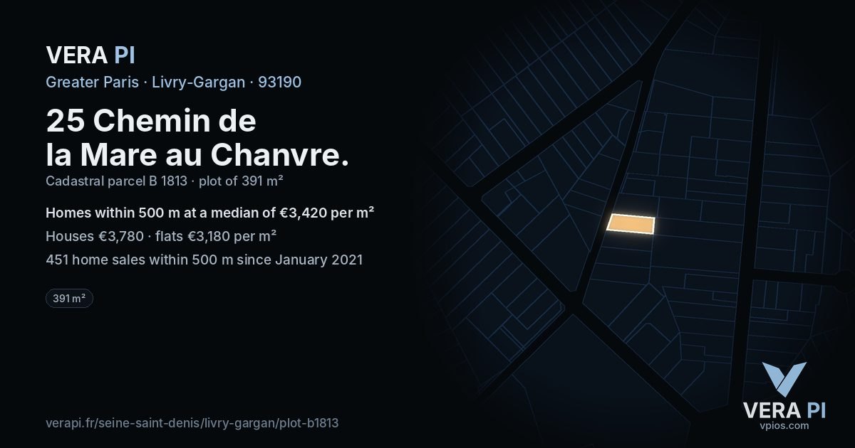 25 Chemin de la Mare au Chanvre, Livry-Gargan at night – the plot lit, the parcels around coloured by the prices near them