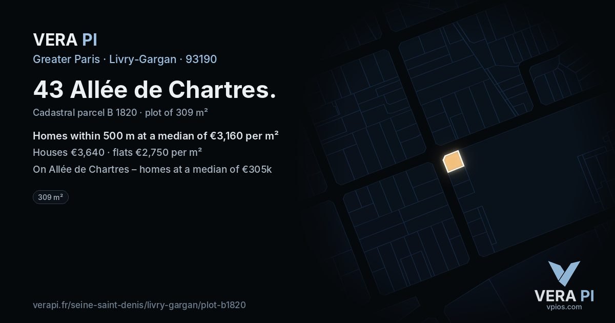 43 Allée de Chartres, Livry-Gargan at night – the plot lit, the parcels around coloured by the prices near them