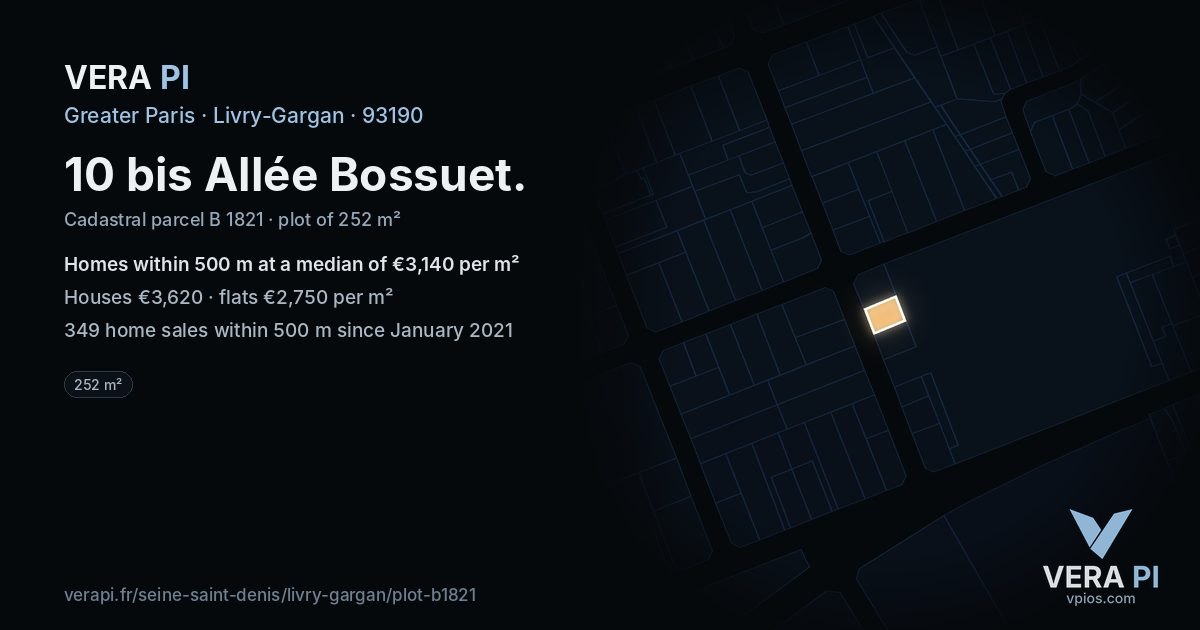 10 bis Allée Bossuet, Livry-Gargan at night – the plot lit, the parcels around coloured by the prices near them