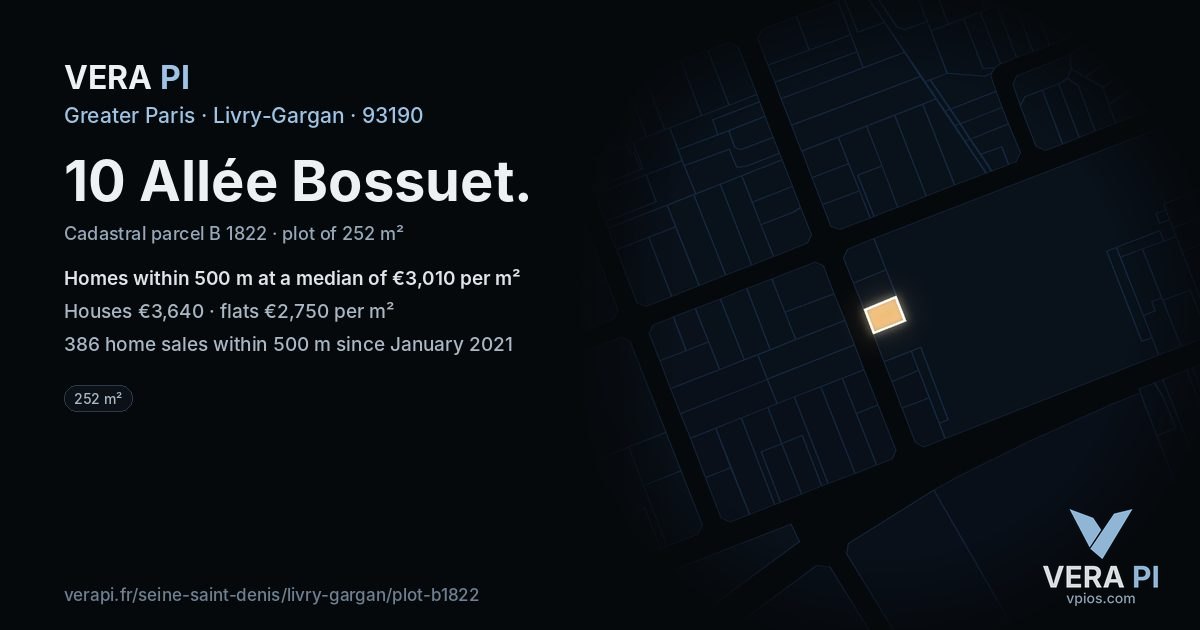 10 Allée Bossuet, Livry-Gargan at night – the plot lit, the parcels around coloured by the prices near them