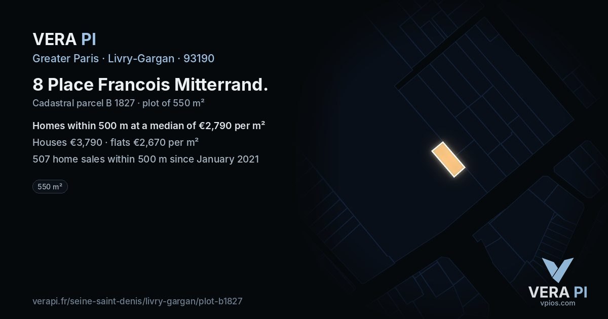 8 Place Francois Mitterrand, Livry-Gargan at night – the plot lit, the parcels around coloured by the prices near them