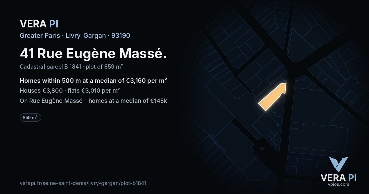 41 Rue Eugène Massé, Livry-Gargan at night – the plot lit, the parcels around coloured by the prices near them