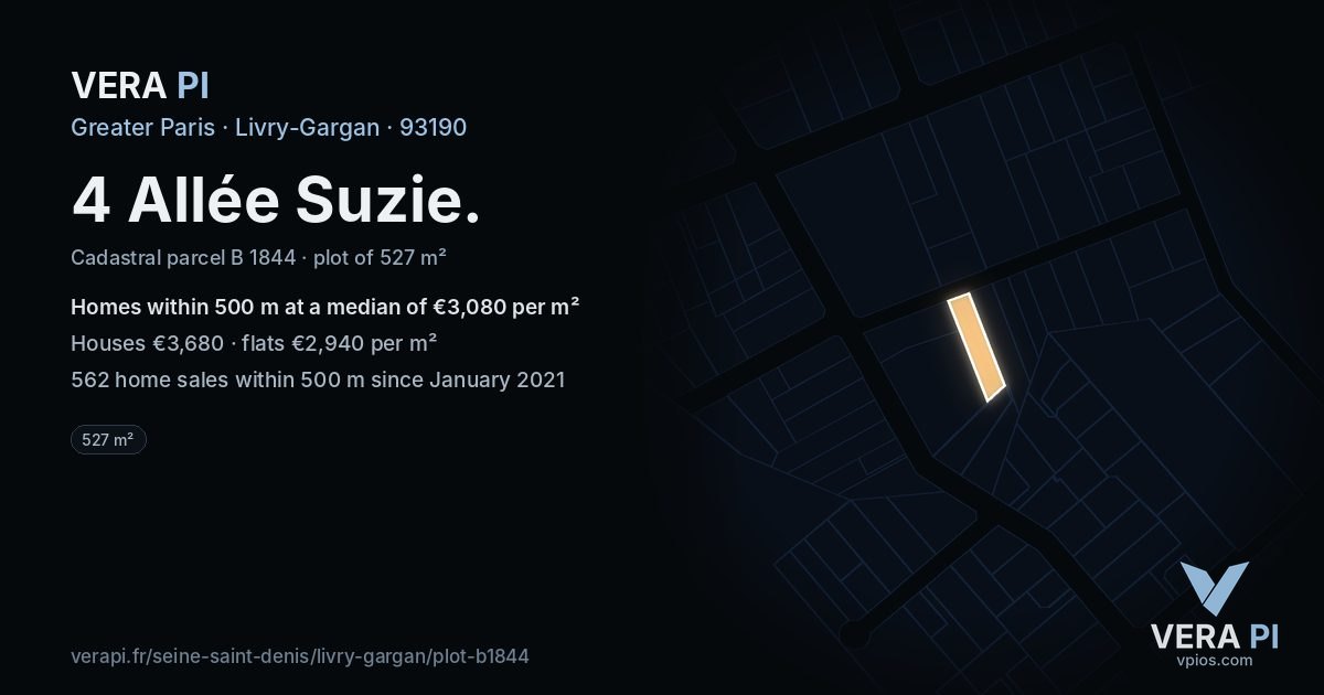 4 Allée Suzie, Livry-Gargan at night – the plot lit, the parcels around coloured by the prices near them