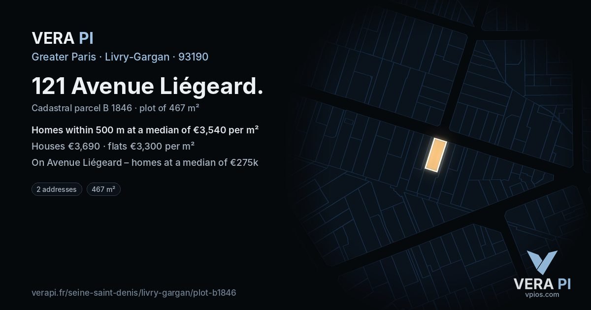 121 Avenue Liégeard, Livry-Gargan at night – the plot lit, the parcels around coloured by the prices near them