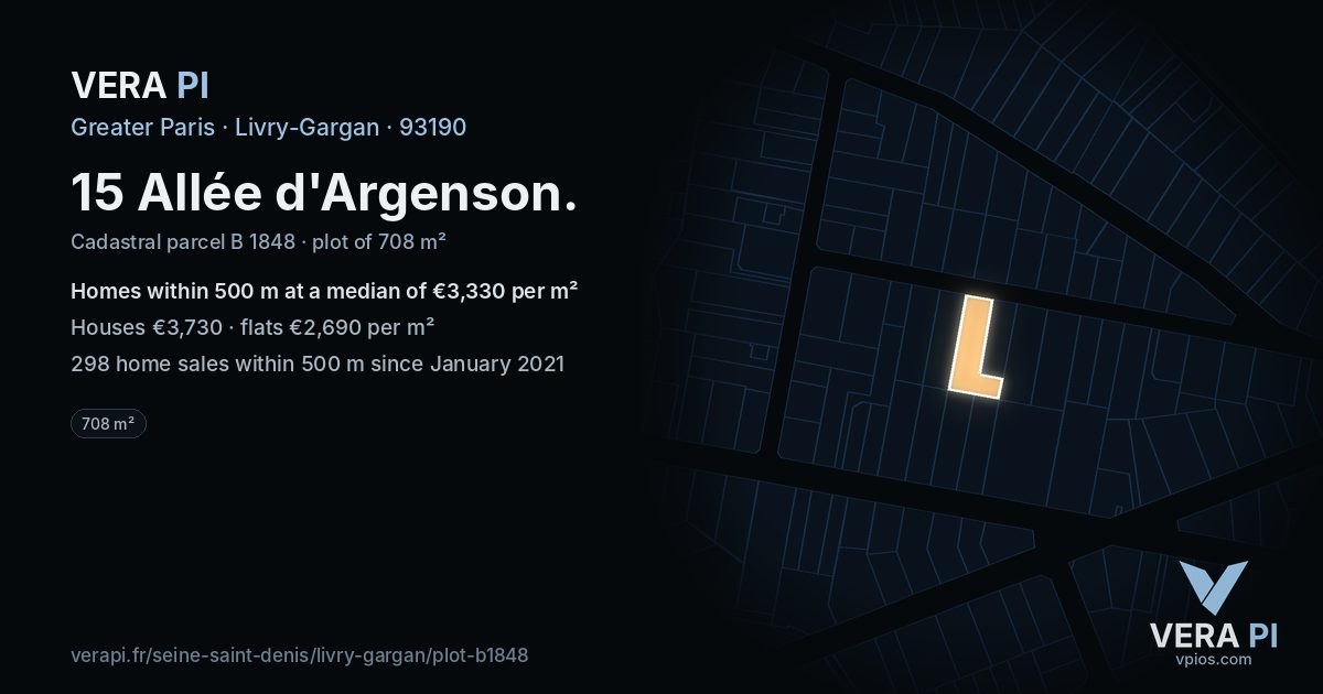 15 Allée d'Argenson, Livry-Gargan at night – the plot lit, the parcels around coloured by the prices near them