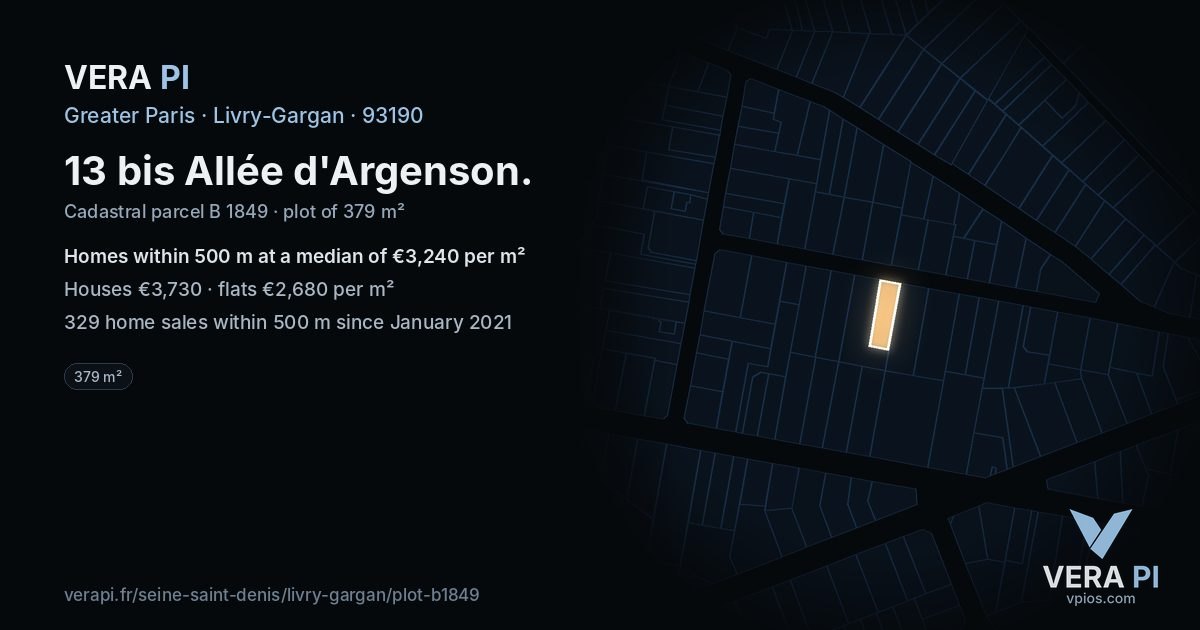13 bis Allée d'Argenson, Livry-Gargan at night – the plot lit, the parcels around coloured by the prices near them