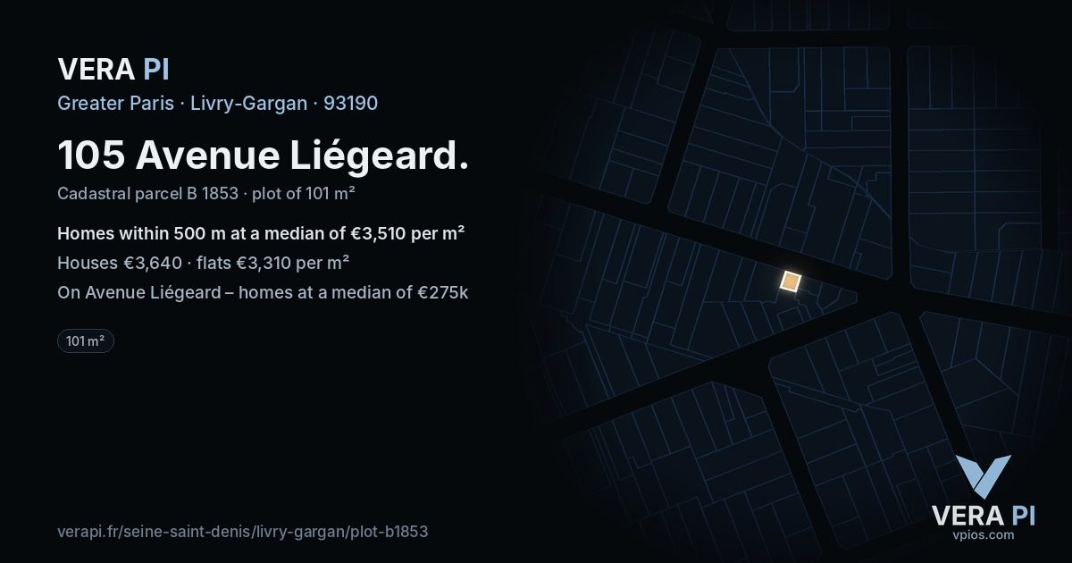 105 Avenue Liégeard, Livry-Gargan at night – the plot lit, the parcels around coloured by the prices near them