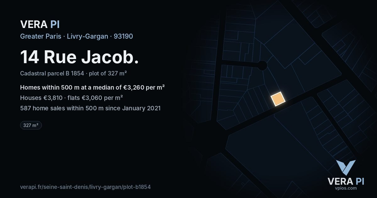 14 Rue Jacob, Livry-Gargan at night – the plot lit, the parcels around coloured by the prices near them