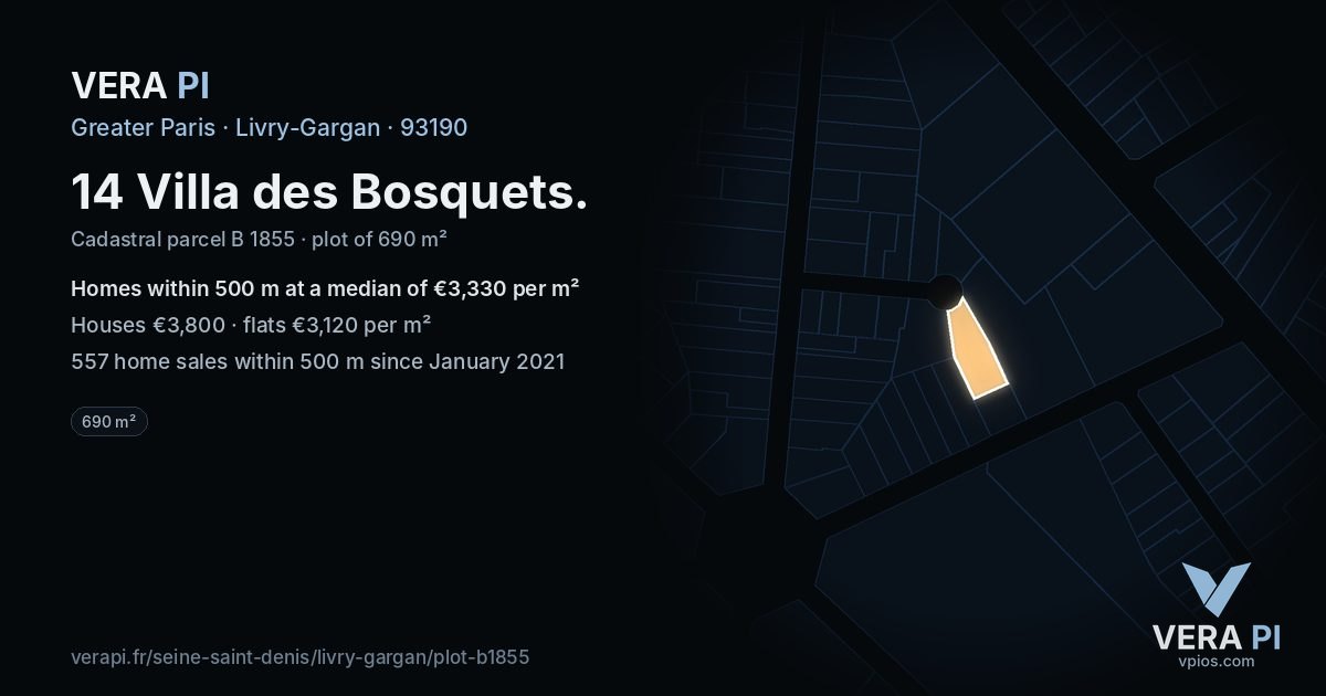 14 Villa des Bosquets, Livry-Gargan at night – the plot lit, the parcels around coloured by the prices near them