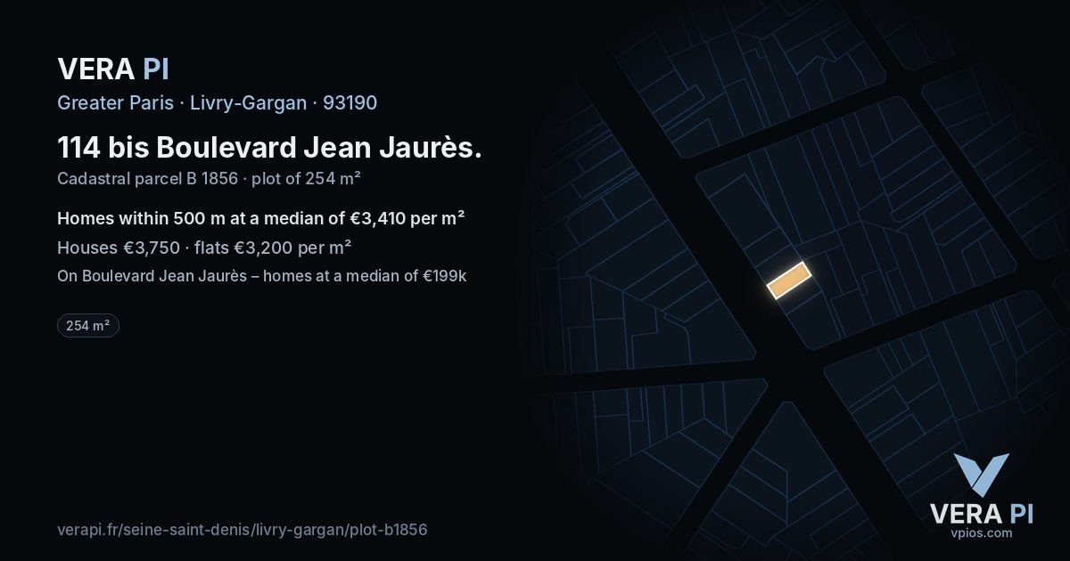 114 bis Boulevard Jean Jaurès, Livry-Gargan at night – the plot lit, the parcels around coloured by the prices near them